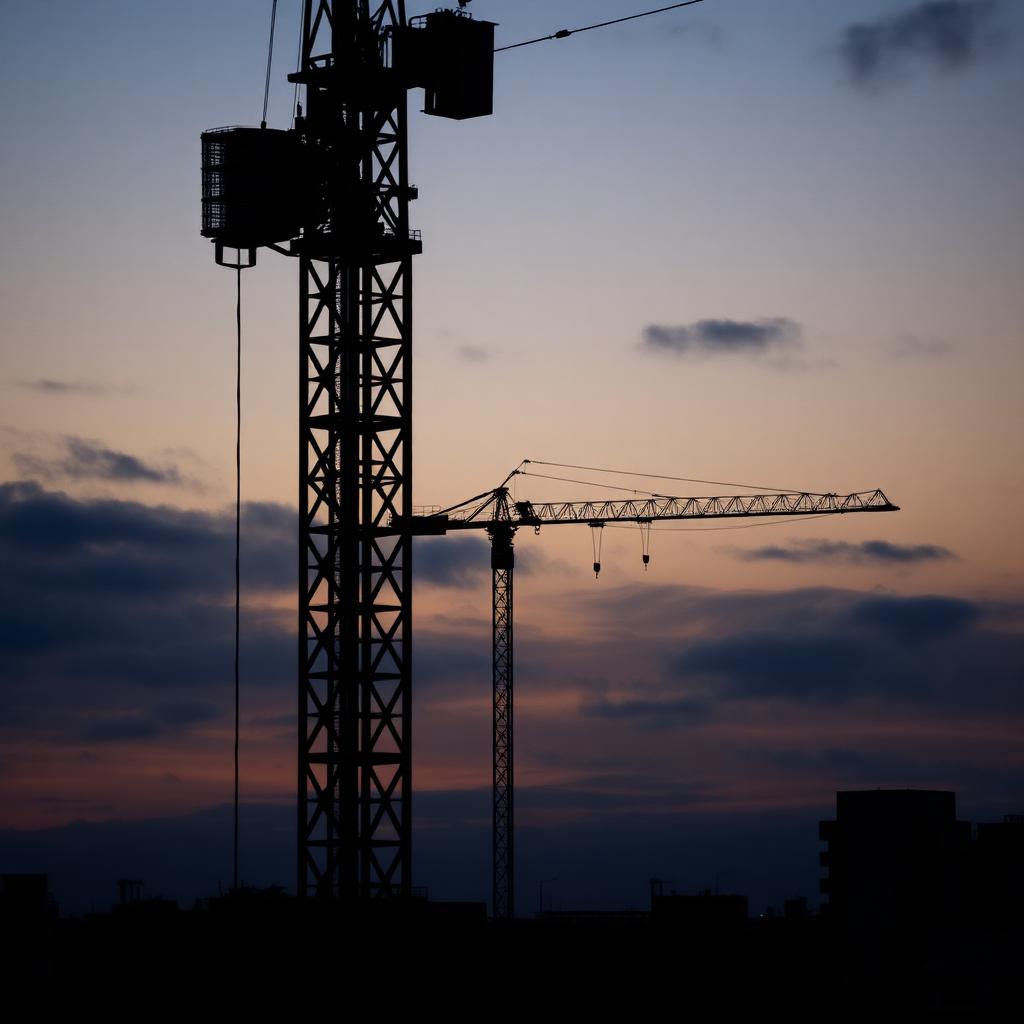 Tower crane silhouetted against evening sky